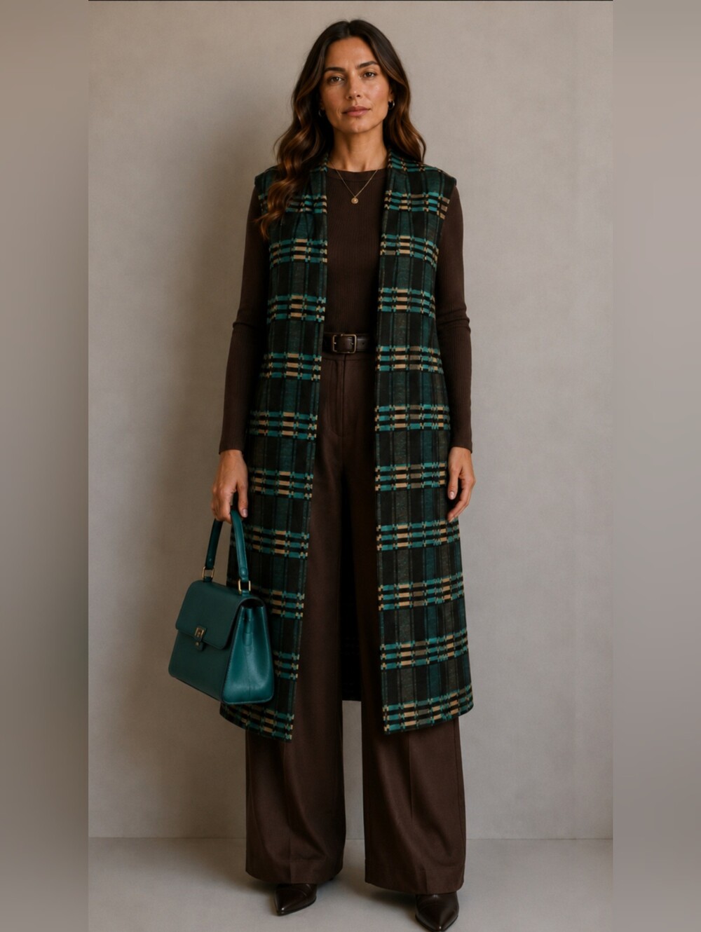 Plaid Longline Sleeveless Vest – Wool Blend